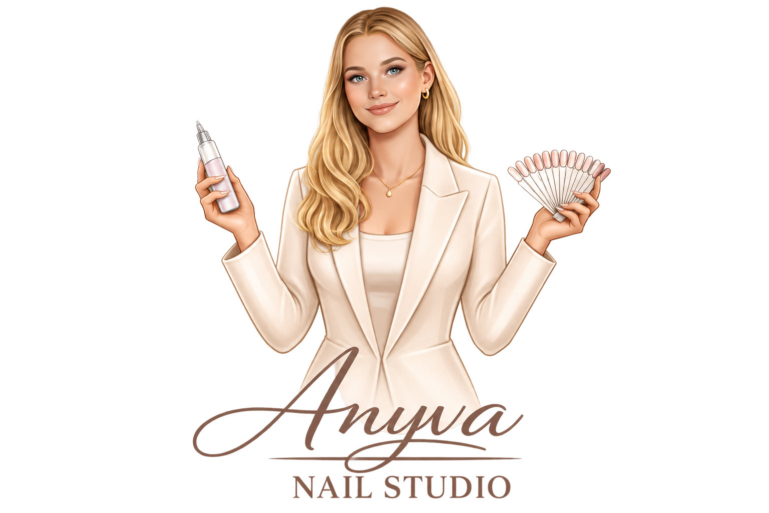 Anyva Nail Studio – illustrert logo med negledesigner og fargeprøver